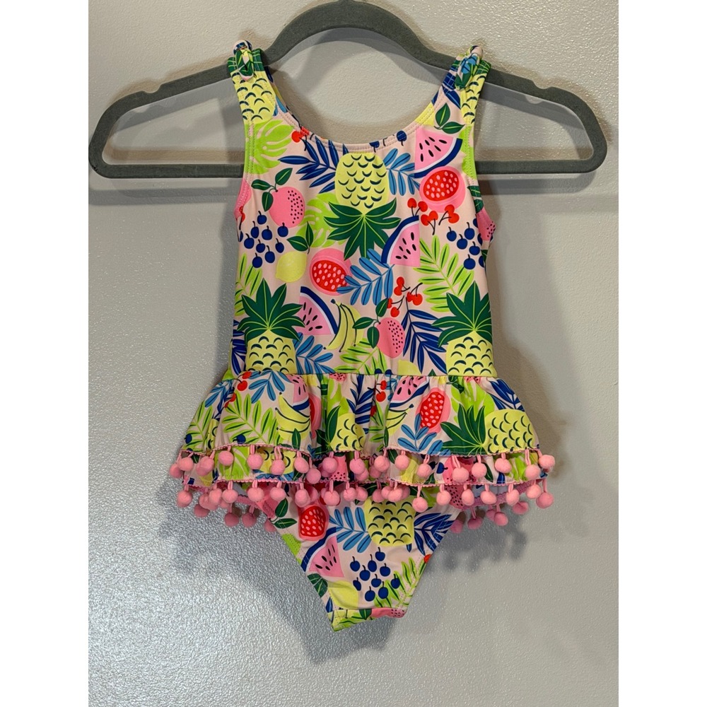 Nicole Miller New York Girls Tropical Pineapple Pom Pom Swimsuit Size 6X Bright